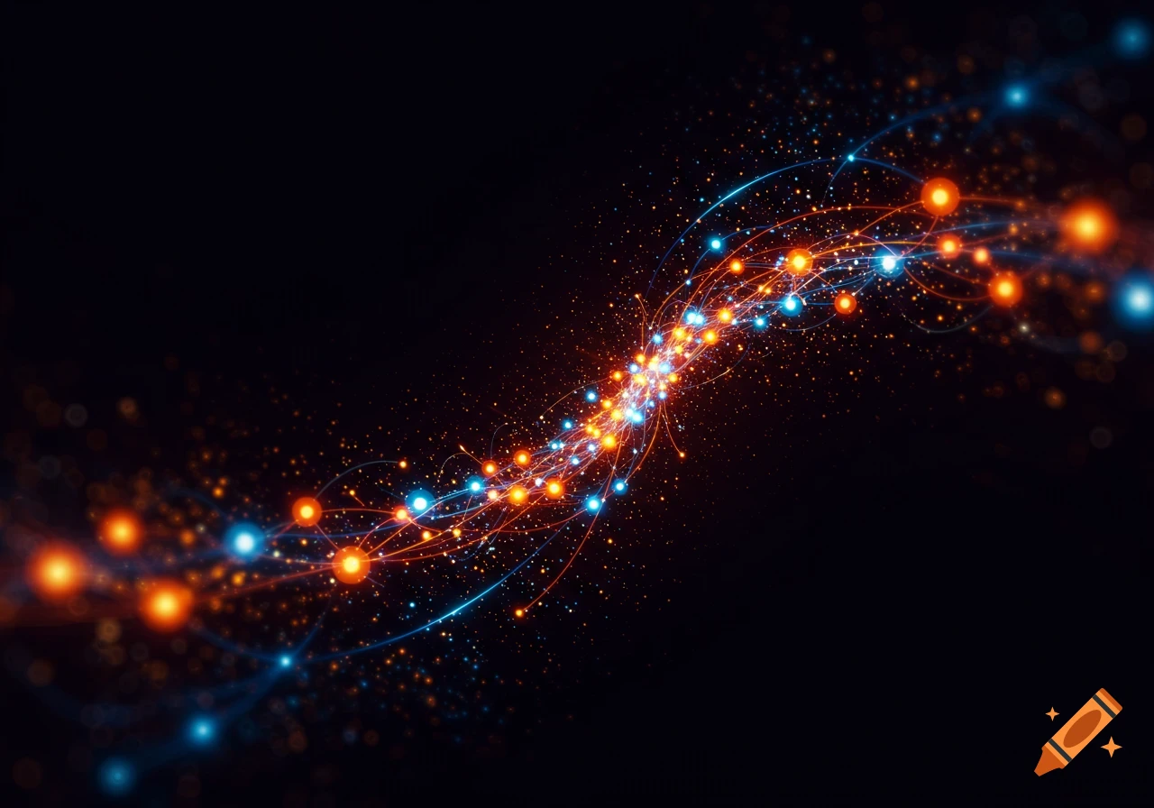 Abstract glowing blue and orange particles and lines forming a wave on a black background.