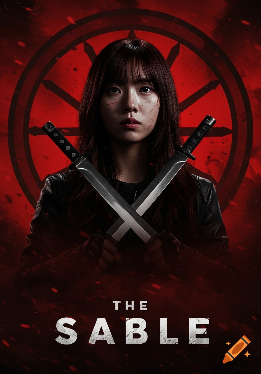 A dramatic movie poster shows a young Korean woman with face scars, holding two crossed knives against a dark red background with a symbol and 'THE SABLE' title.