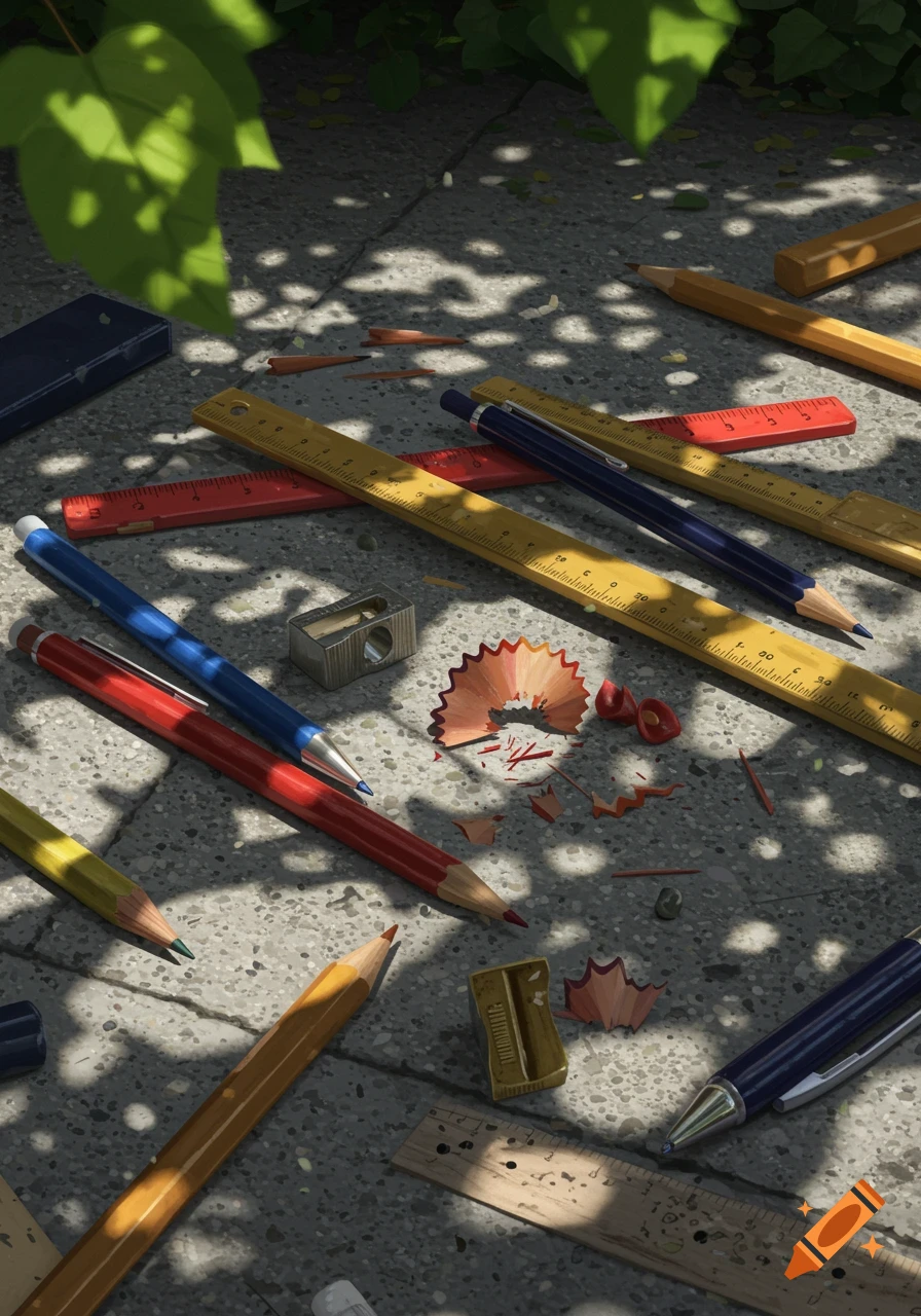 Colorful pencils, rulers, and sharpeners are scattered on a sunlit concrete surface with leaf shadows, resembling a still life.