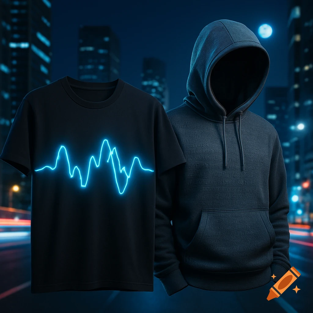 A black t-shirt with a neon blue waveform graphic stands next to a charcoal hoodie with embossed patterns, against a blurry urban night background.