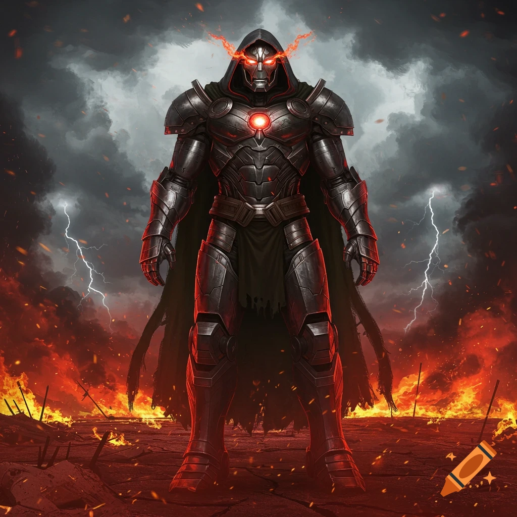A menacing armored figure with glowing red eyes and chest stands amidst a fiery, storm-ridden battlefield.