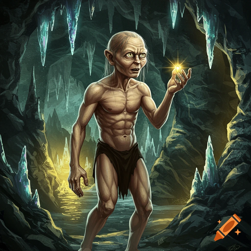 An illustration of a muscular Gollum in a dark, icy cave, admiring a glowing golden ring.