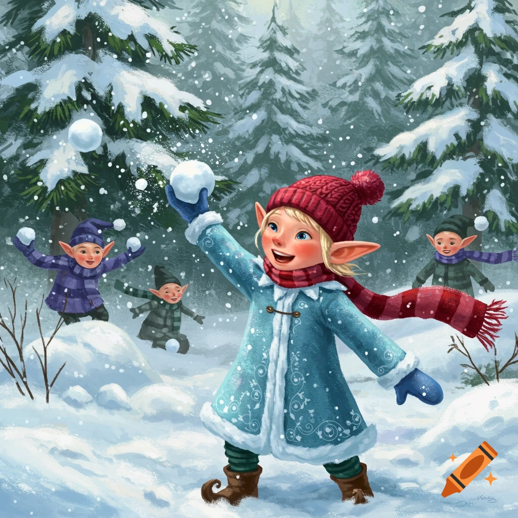Illustration of four playful elves having a snowball fight in a snowy winter forest.