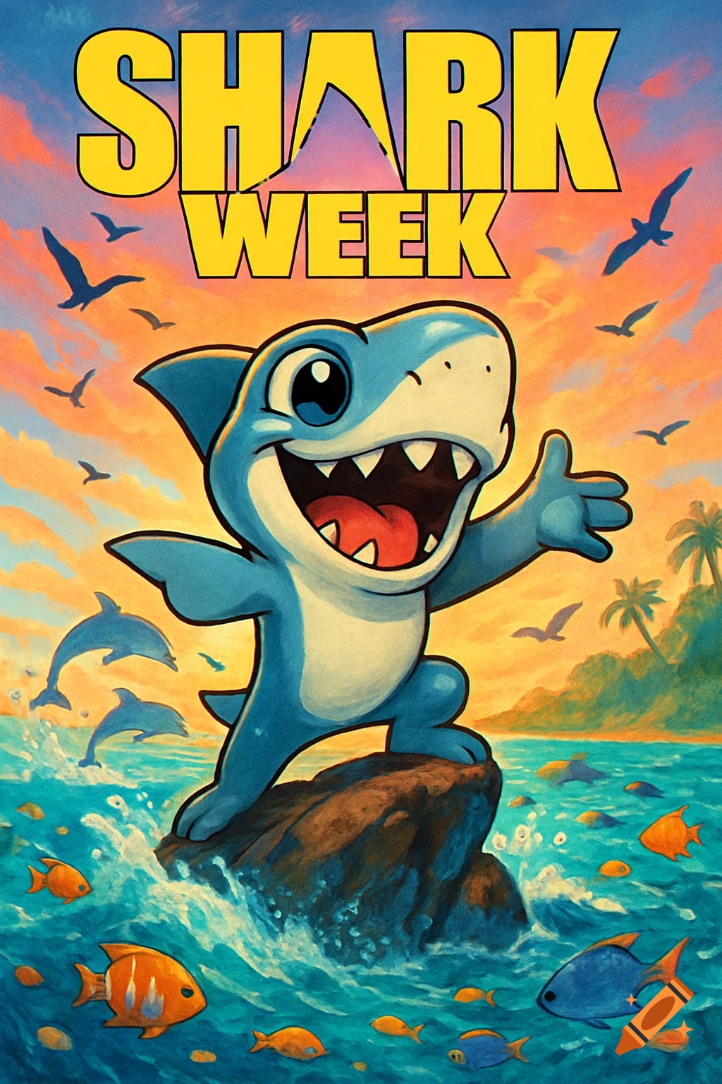 A vibrant cartoon poster for Shark Week featuring a smiling blue baby shark standing on a rock in the ocean. Dolphins, fish, birds, and palm trees are in the background under an orange sky.