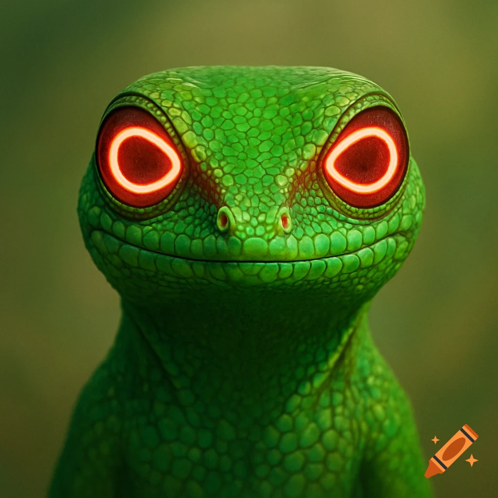 Close-up of a vibrant green gecko with textured skin and large, glowing red eyes that are ringed with orange light.
