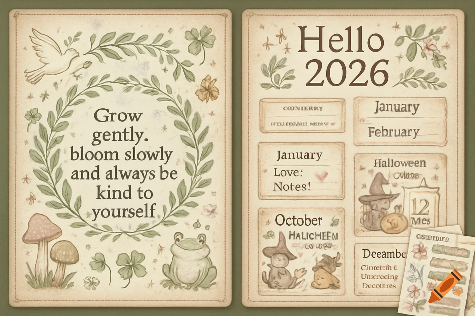 A two-page digital journal spread in cottagecore style, featuring a sage green wreath with a dove, mushrooms, and a frog on the left page with the quote 'Grow gently. bloom slowly and always be kind to yourself.' The right page has 'Hello 2026' with various journal boxes containing month names, Halloween doodles, and small creature illustrations.