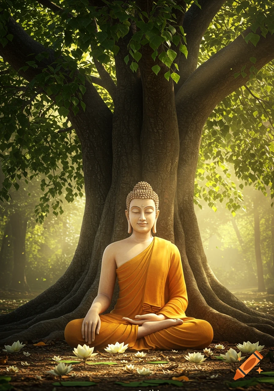 Photorealistic image of Buddha meditating under a large tree with light filtering through leaves, surrounded by lotus flowers.