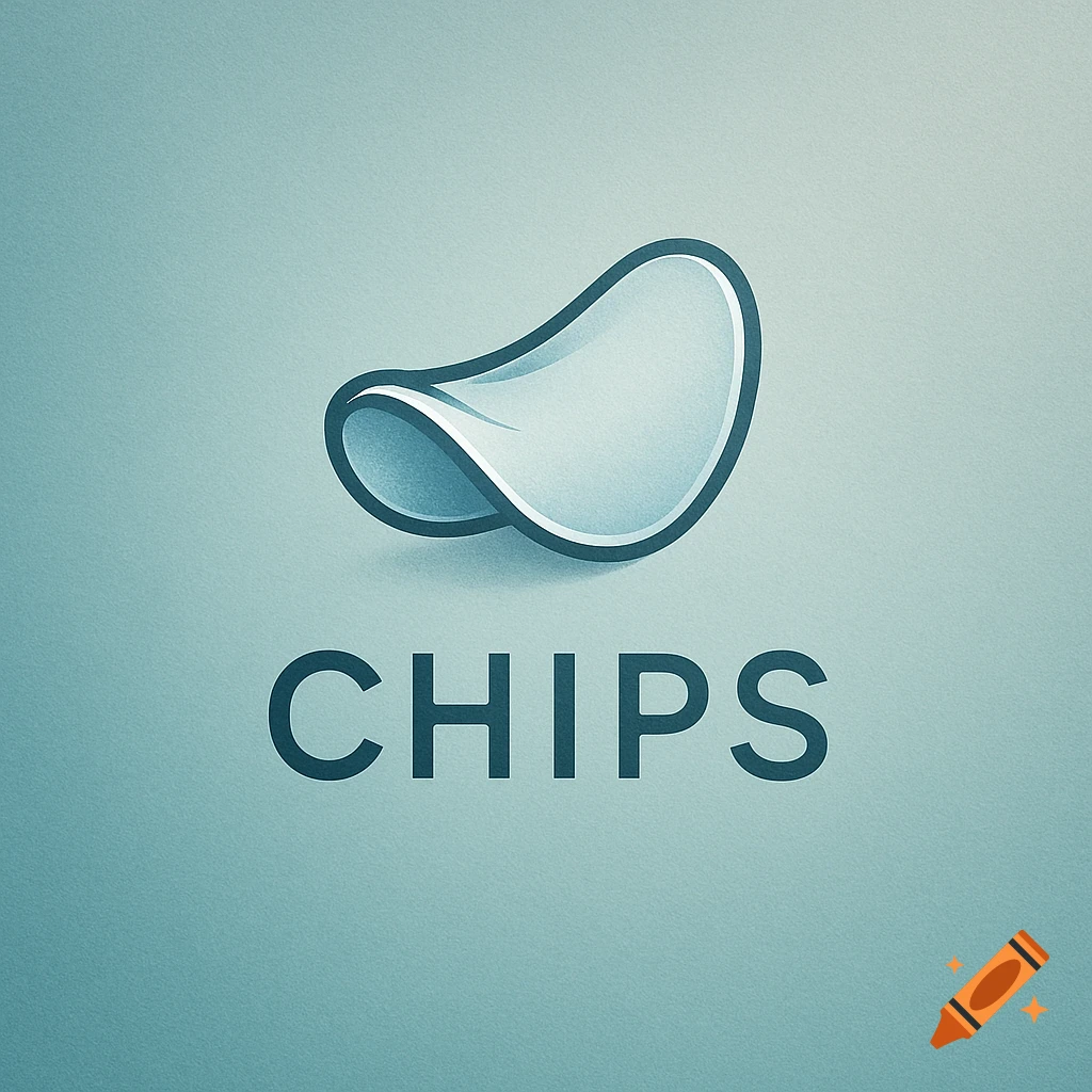 A minimalist blue and white logo featuring a stylized chip shape above the word 'CHIPS' on a textured cool-toned background.