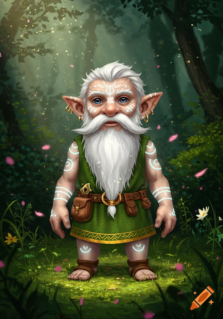 A white-bearded gnome with glowing white markings on its face and limbs stands in a sun-dappled forest.