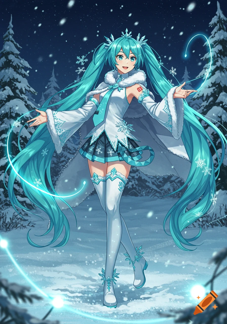 Anime character Hatsune Miku in a white and teal winter outfit standing in a snowy forest at night, with glowing light trails and snowflakes.