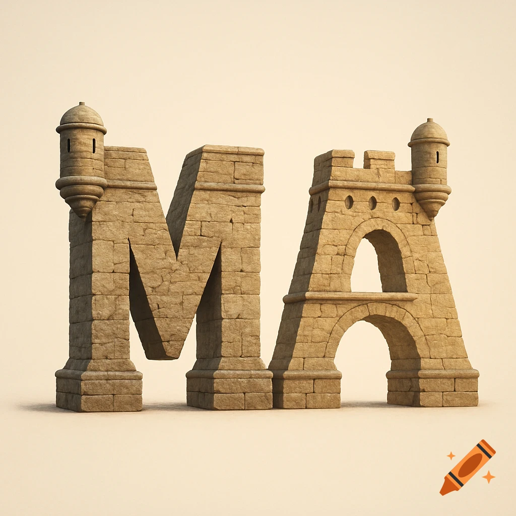 3D rendered letters 'M' and 'A' crafted from weathered stone blocks, resembling fortresses with turrets and arches, against a plain background.