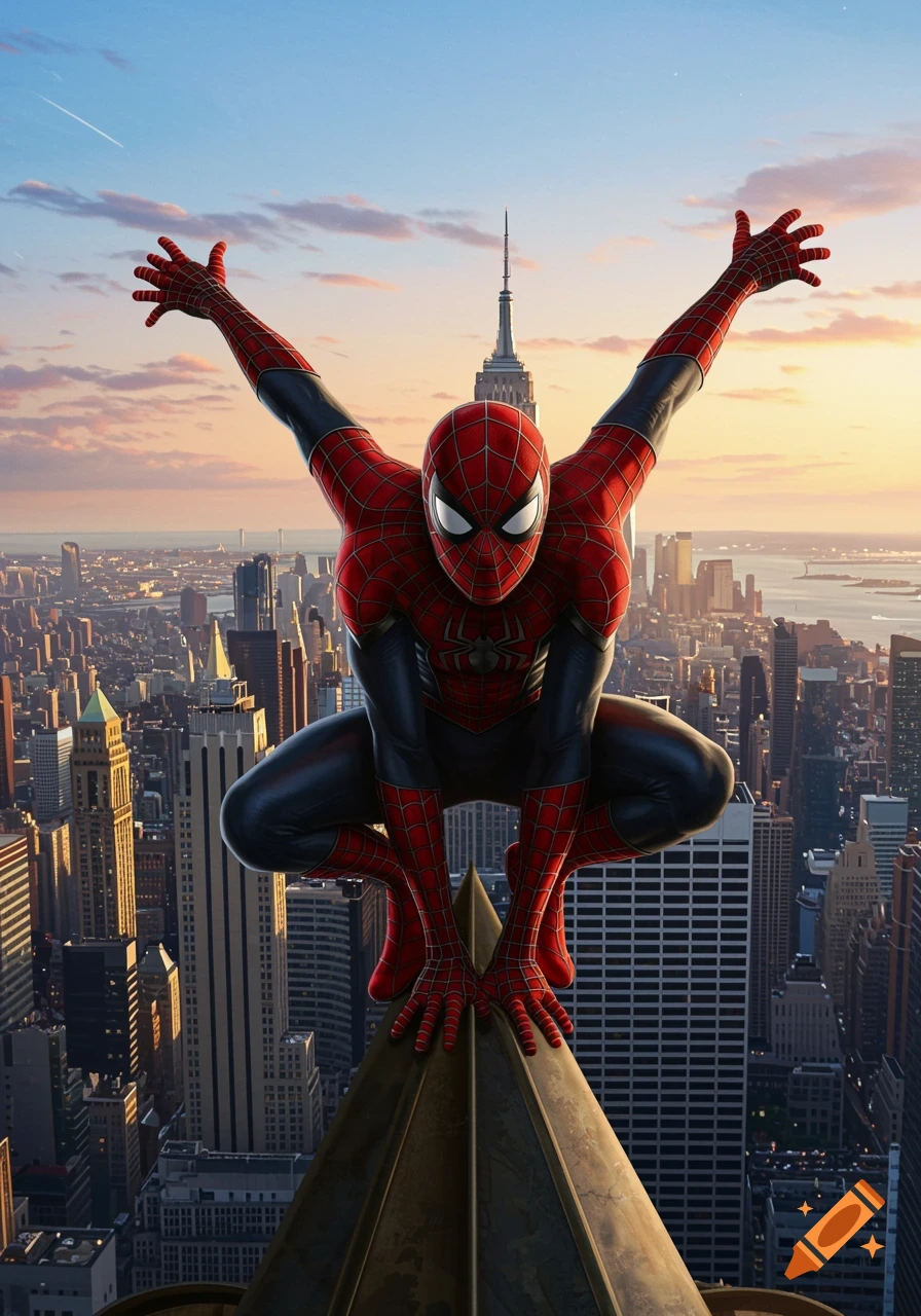 Spider-Man crouched on the spire of a skyscraper with arms outstretched, overlooking a sprawling city at sunset.