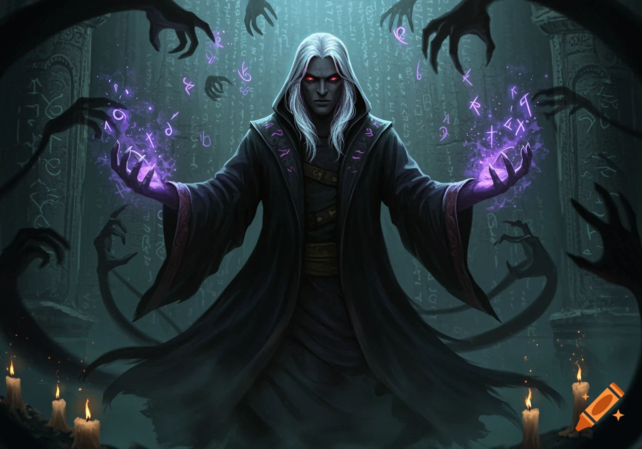 A white-haired sorcerer with red eyes casts purple magic in a dark, mysterious chamber, surrounded by shadowy hands and candles.
