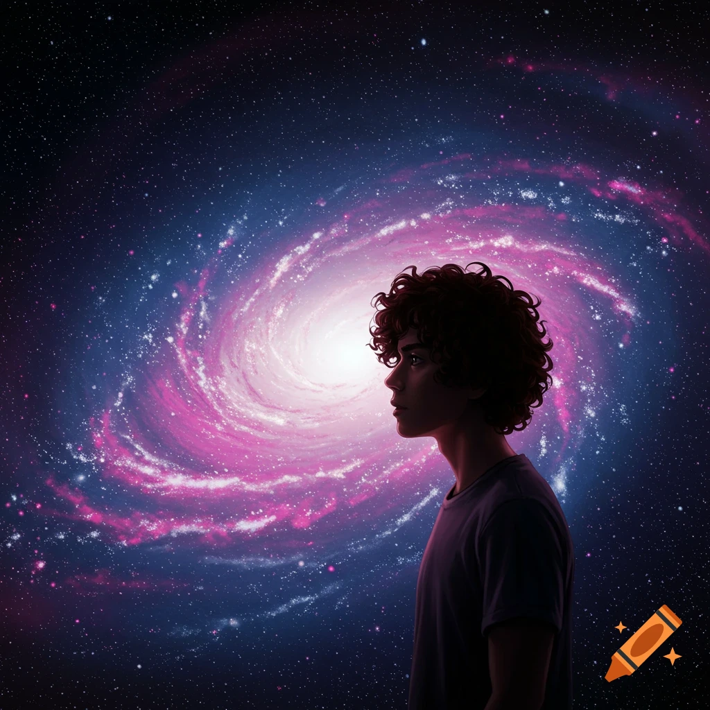 A young man in profile gazes at a bright pink and purple spiral galaxy in a dark starry space.