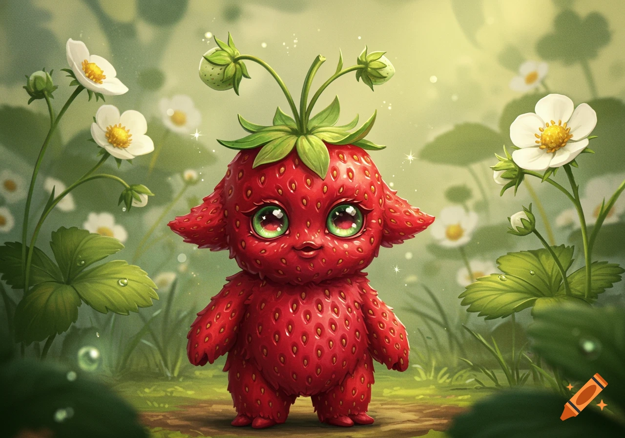 A cute, red strawberry-like creature with big green eyes and leafy hair stands in a field of white flowers.
