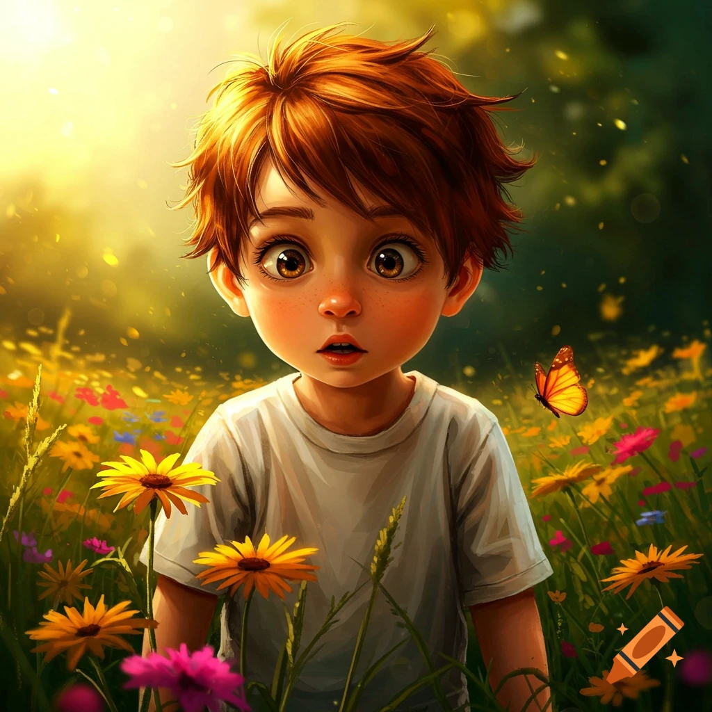 A wide-eyed, red-haired young boy with an awestruck expression stands in a vibrant field of wildflowers, with a butterfly nearby.