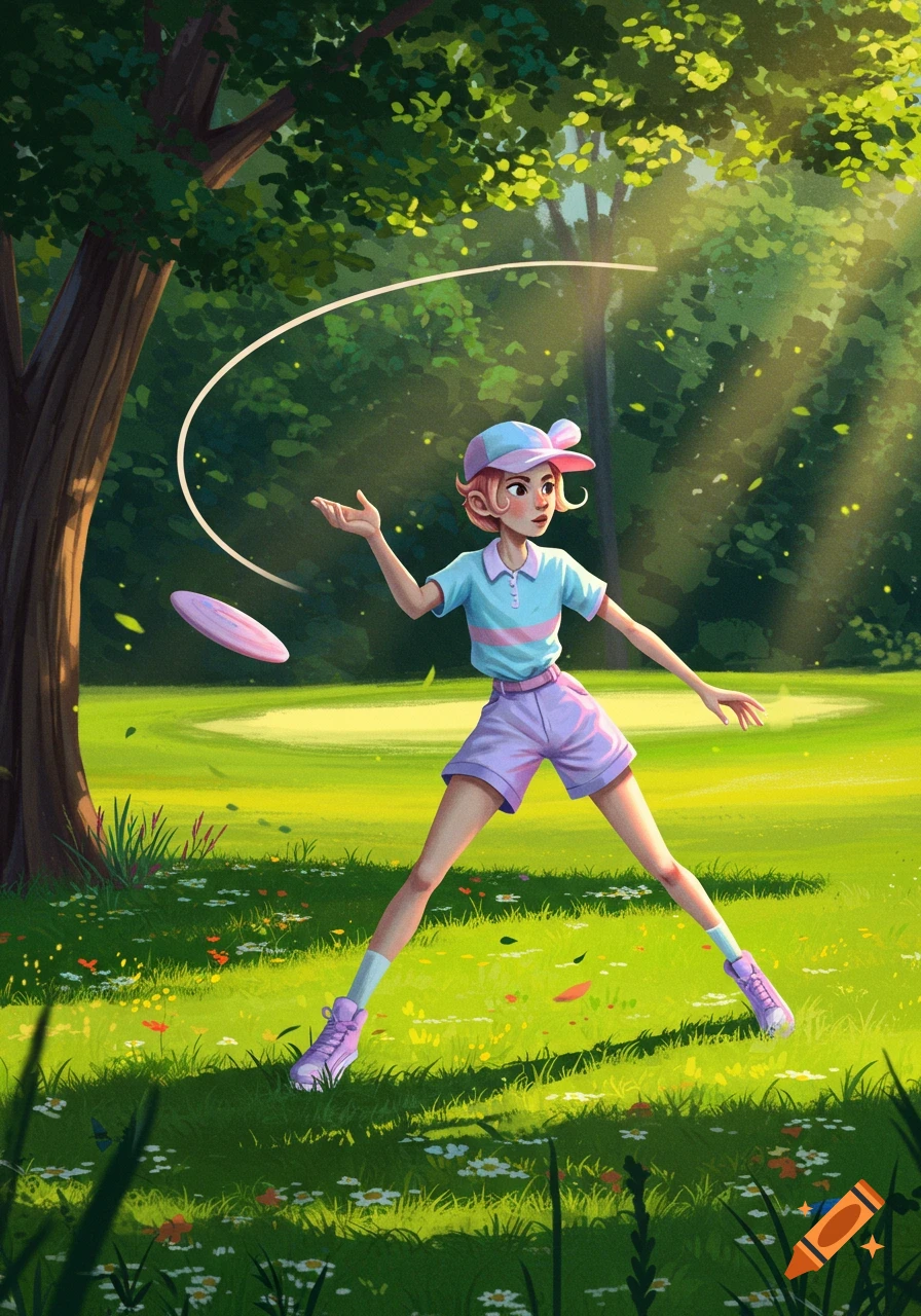 A stylized person with short pink hair and a cap, wearing a blue and pink striped shirt and purple shorts, throws a pink frisbee in a sunny park.