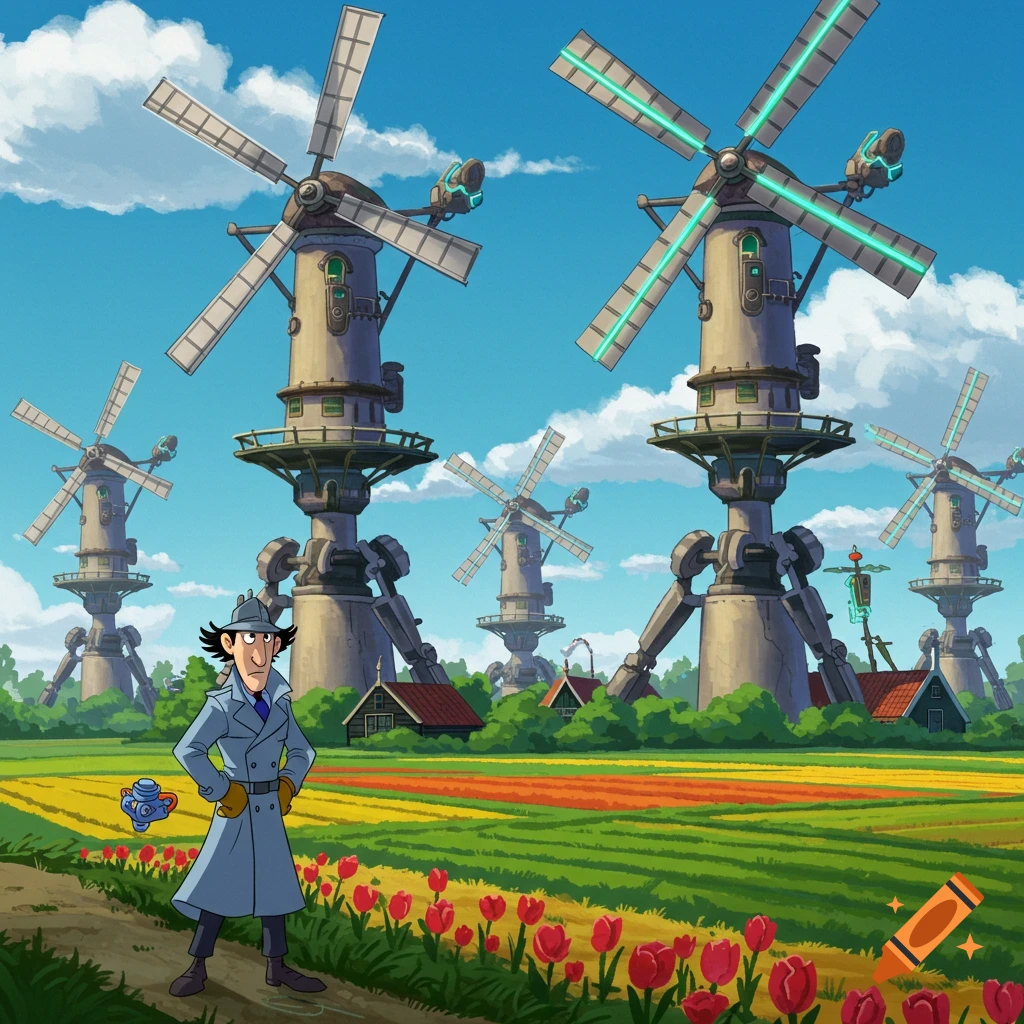 Cartoon Inspector Gadget stands in a tulip field with futuristic, robotic windmills in rural Netherlands.