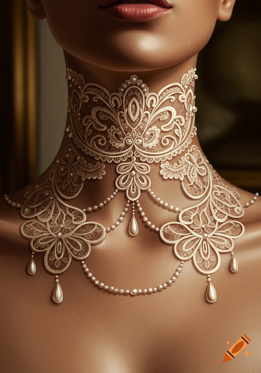 Close-up of a person's neck and upper chest adorned with an intricate white lace and pearl design, resembling a tattoo.