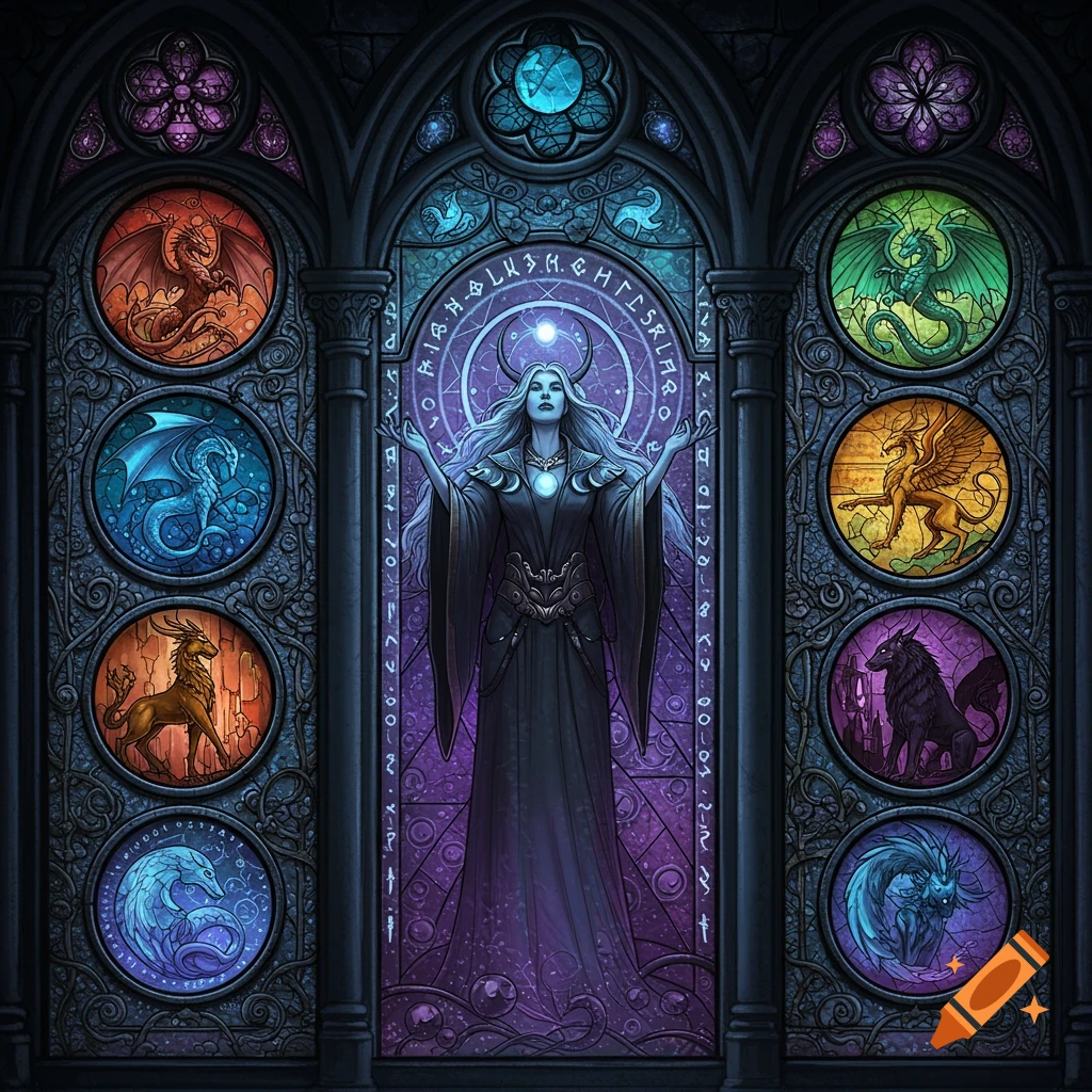 A dark gothic stained glass window depicting a powerful witch with raised hands, surrounded by magical runes and circular panels featuring mythical beasts like dragons, griffins, and a wolf.