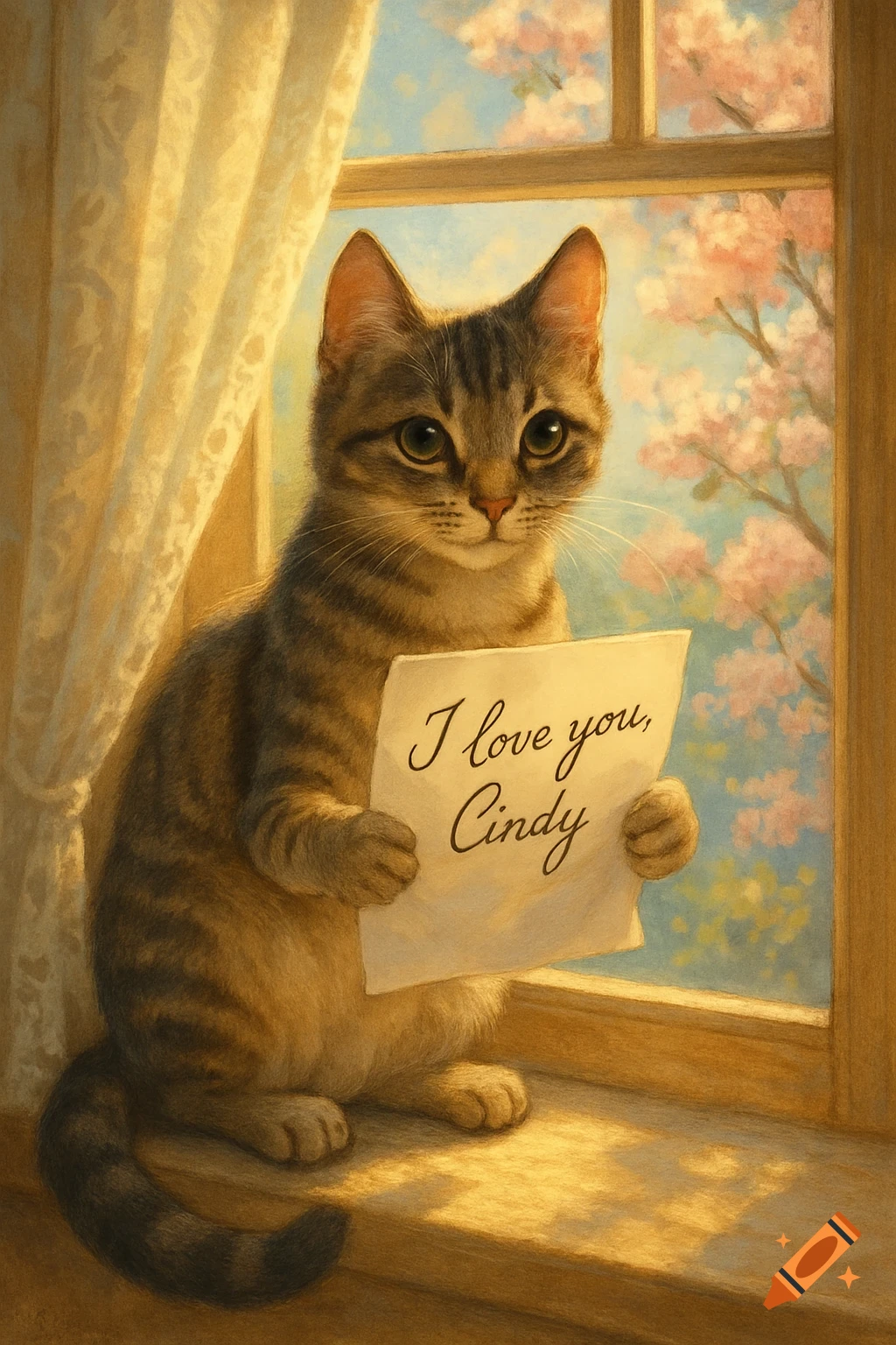 A cute tabby cat sits on a sunlit windowsill, holding a note that reads "I love you, Cindy," with cherry blossoms outside.