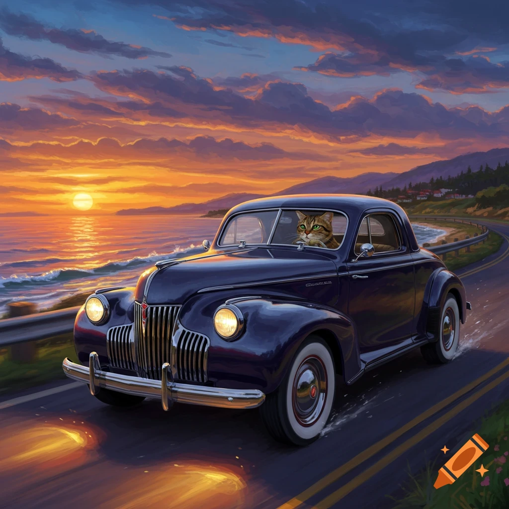 A tabby cat drives a classic dark blue coupe along a coastal road at sunset, with waves crashing and mountains in the distance.