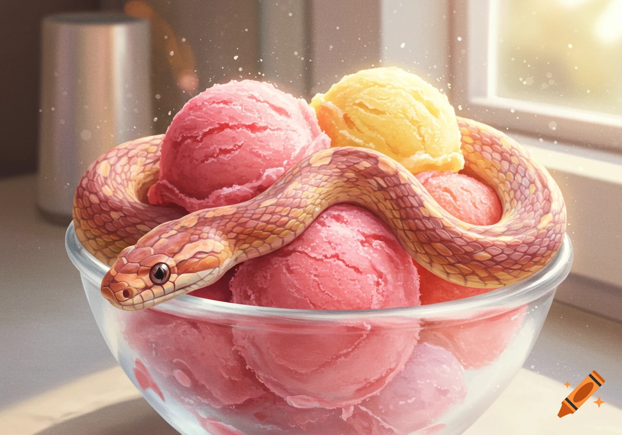 A corn snake coiled on a bowl of pink and yellow ice cream scoops, with sunlight filtering in.