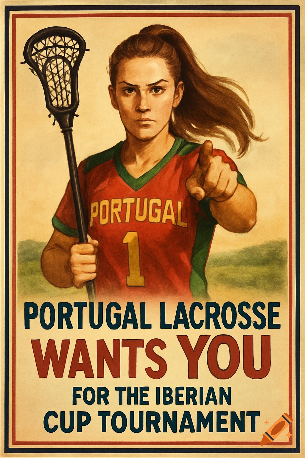 Vintage-style poster of a determined female lacrosse player in a red and green Portugal jersey pointing, with text "Portugal Lacrosse wants YOU".