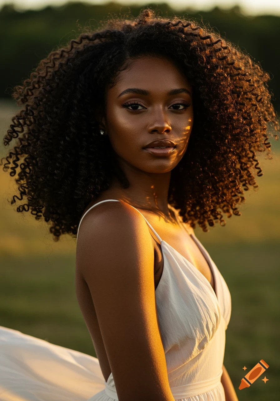 Photorealistic portrait of a beautiful young woman with curly hair, wearing a white dress, standing in a field at sunset.