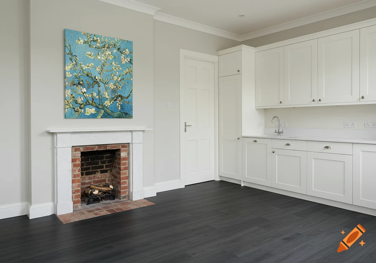 A modern room with light gray walls, dark gray vinyl floor, a brick fireplace with a Van Gogh print, and white kitchen cabinets with quartz counters.