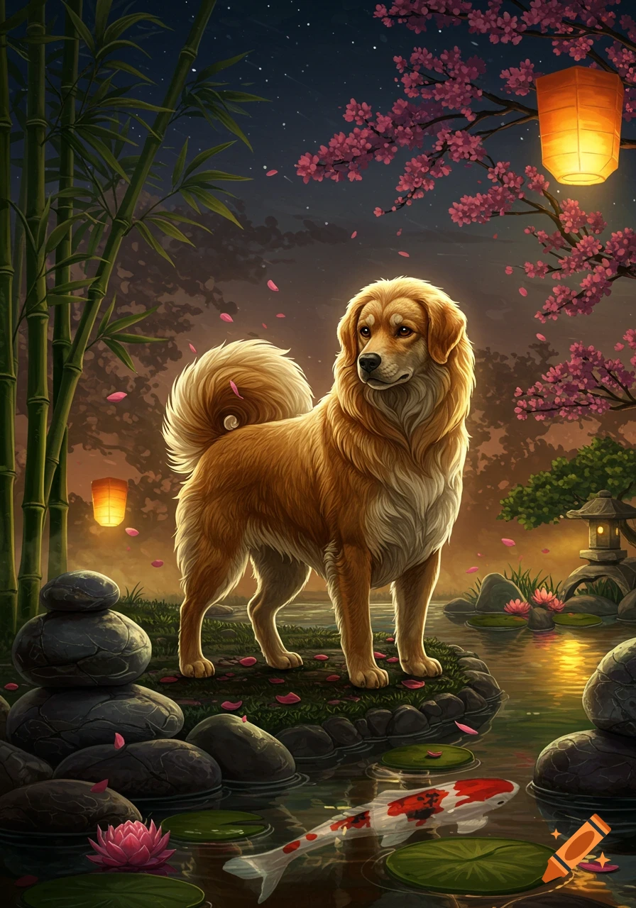 A golden retriever dog stands by a koi pond with bamboo, cherry blossoms, and lanterns in a stylized Japanese night garden.