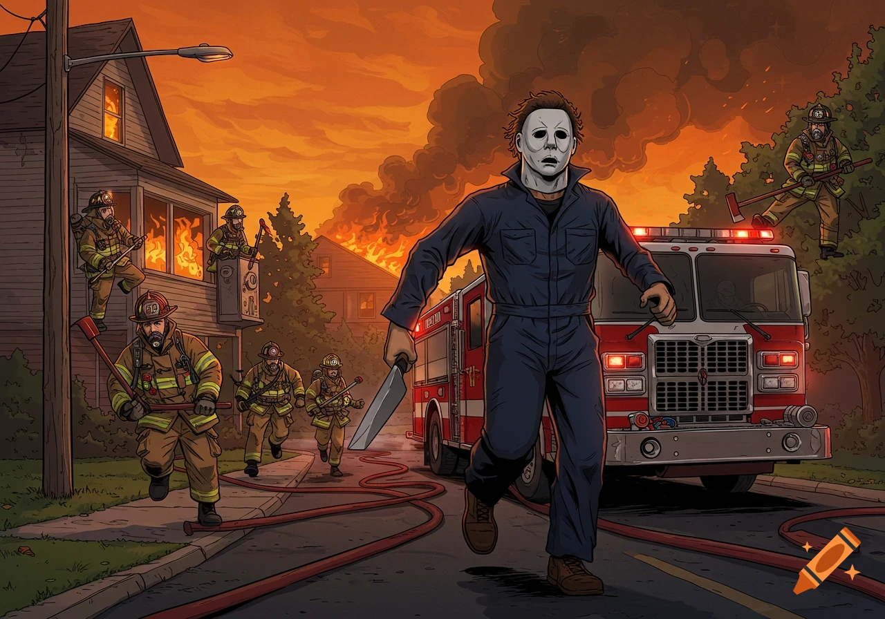 Comic book style illustration of Michael Myers running from firefighters and a fire truck in a burning suburban neighborhood.