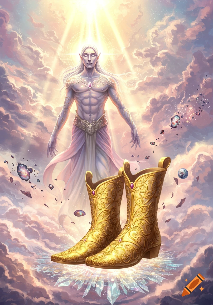 An ethereal elf-like figure with long white hair stands amidst clouds and light, while ornate golden boots float below.