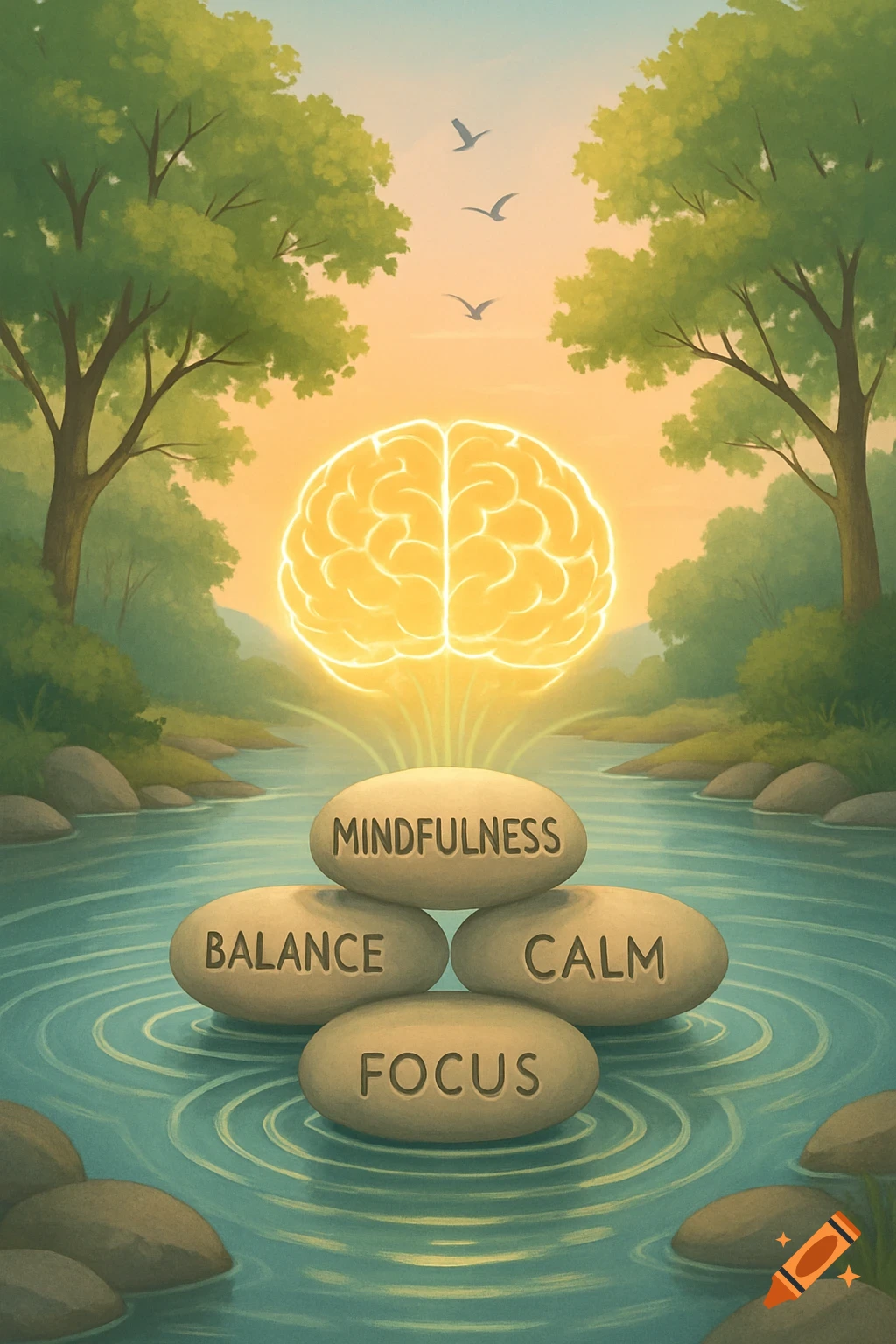A stylized illustration of a glowing brain above stones labeled MINDFULNESS, BALANCE, CALM, FOCUS in a serene river landscape.