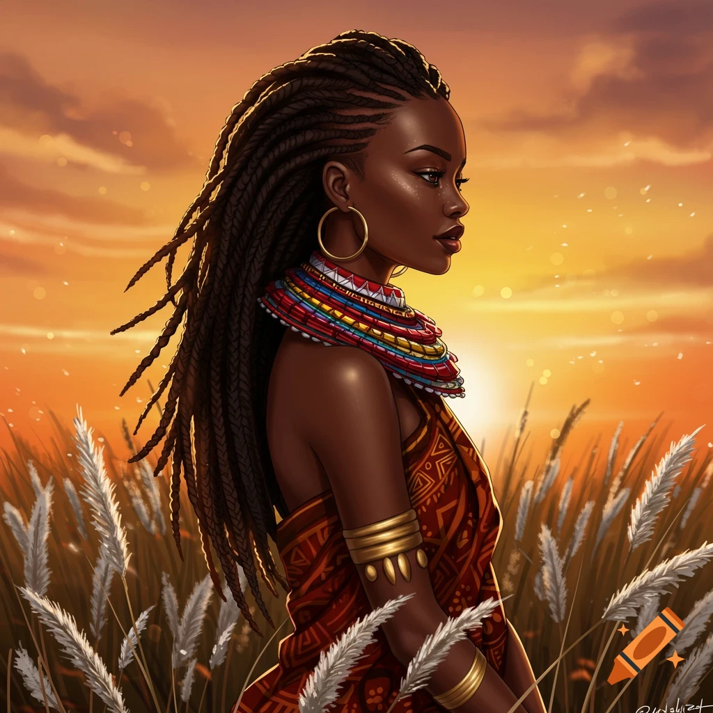 Digital art portrait of an African woman with long braids and beaded necklace, standing in a field at sunset.