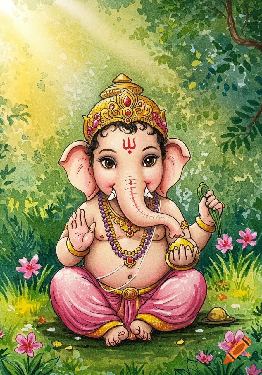 Watercolor illustration of a cute child Ganesha sitting in a sunny forest, holding a sweet and a plant stem.