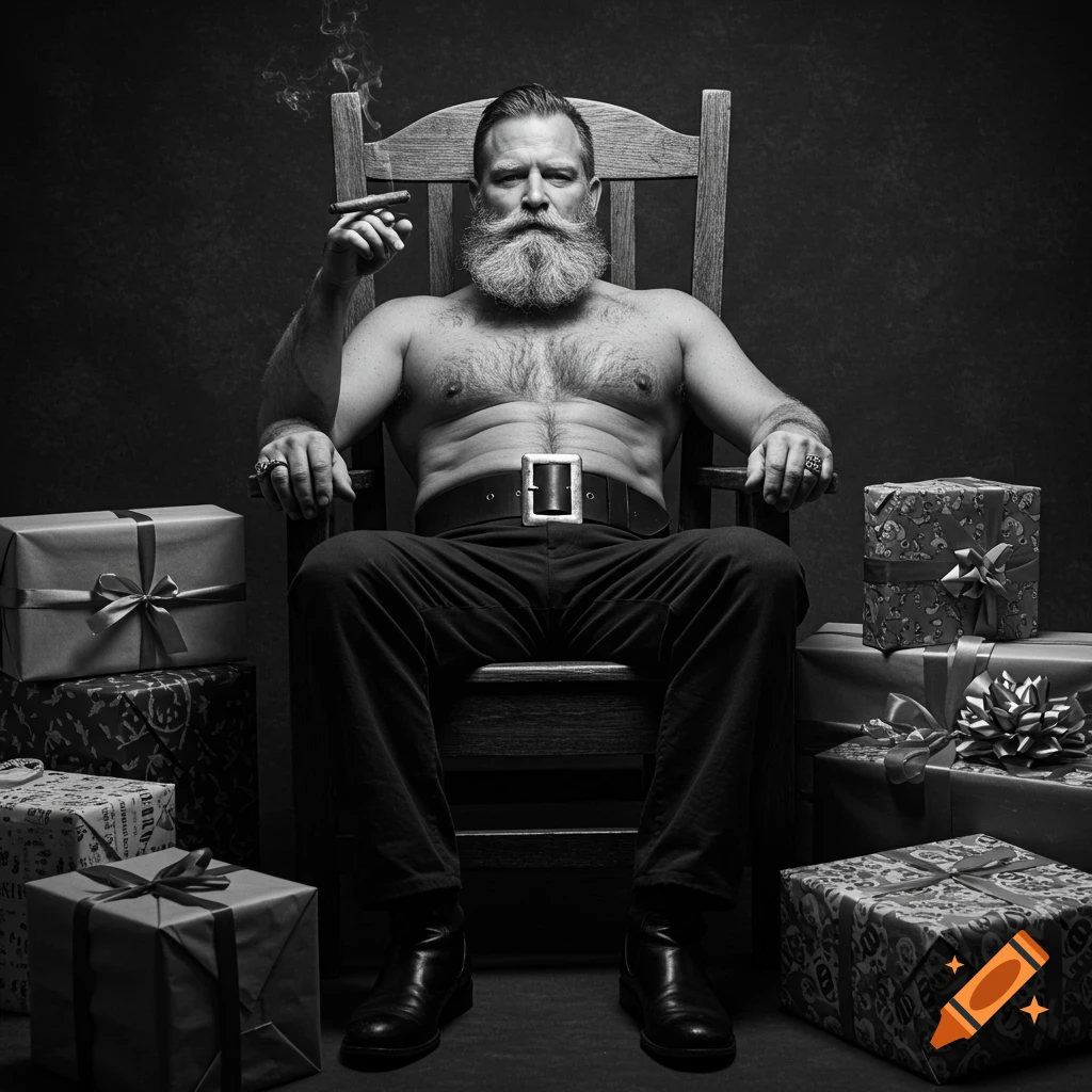 Black and white photograph of a shirtless man with a beard, resembling Santa, sitting in a chair, smoking a cigar, surrounded by presents.