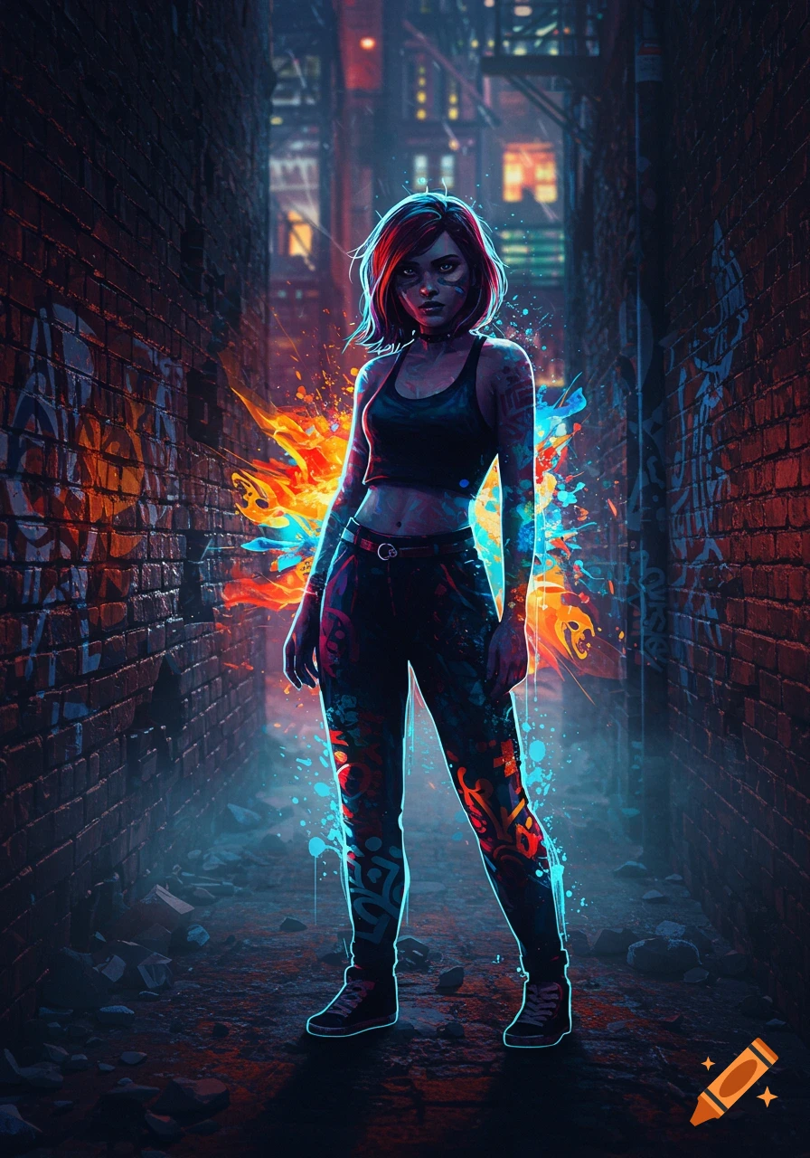 A woman with red hair and glowing tattoos stands in a dark, graffiti-filled alley, illuminated by neon lights.