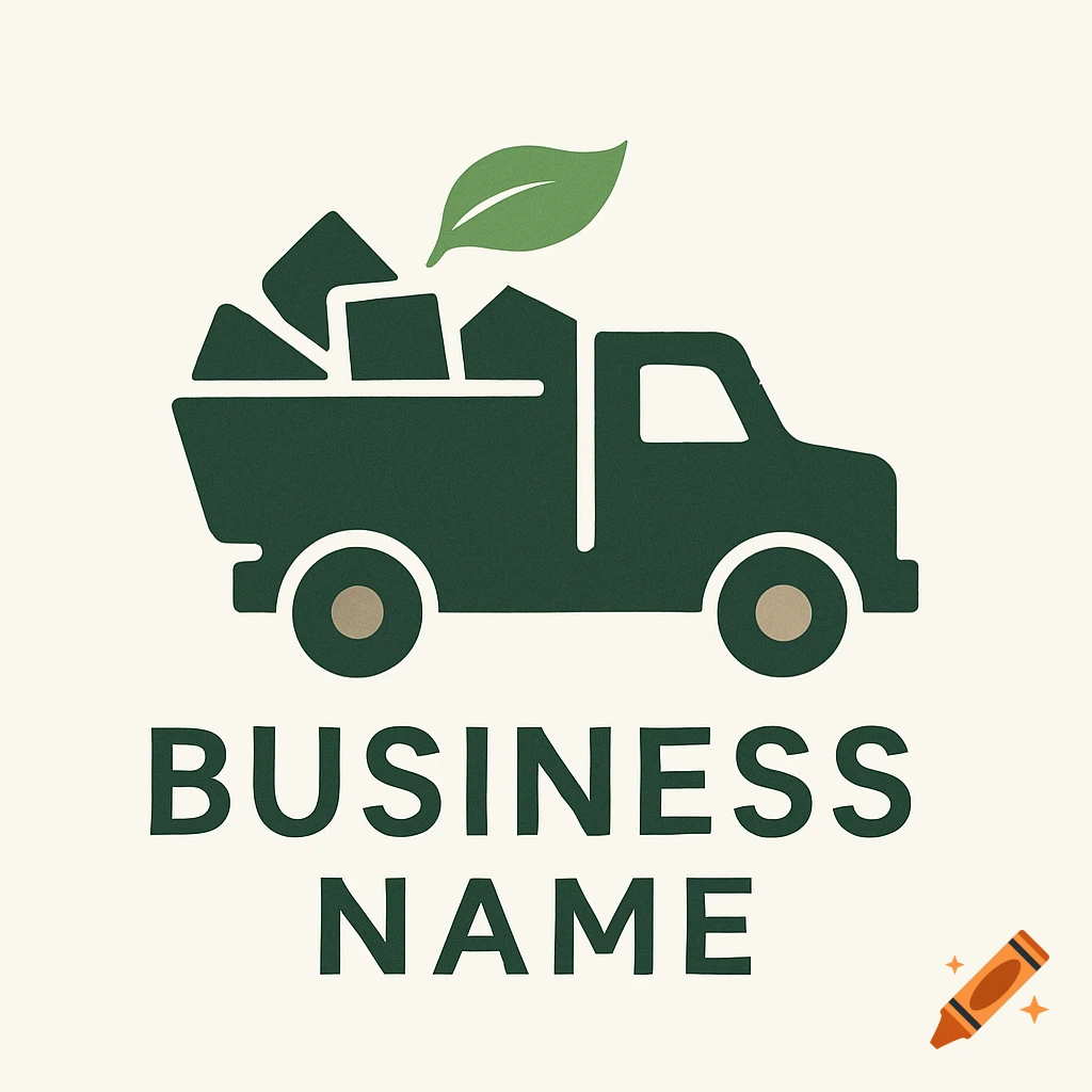 A minimalist green logo for a junk removal or moving company, featuring a dark green truck filled with boxes and a green leaf above it, with the words "BUSINESS NAME" below.