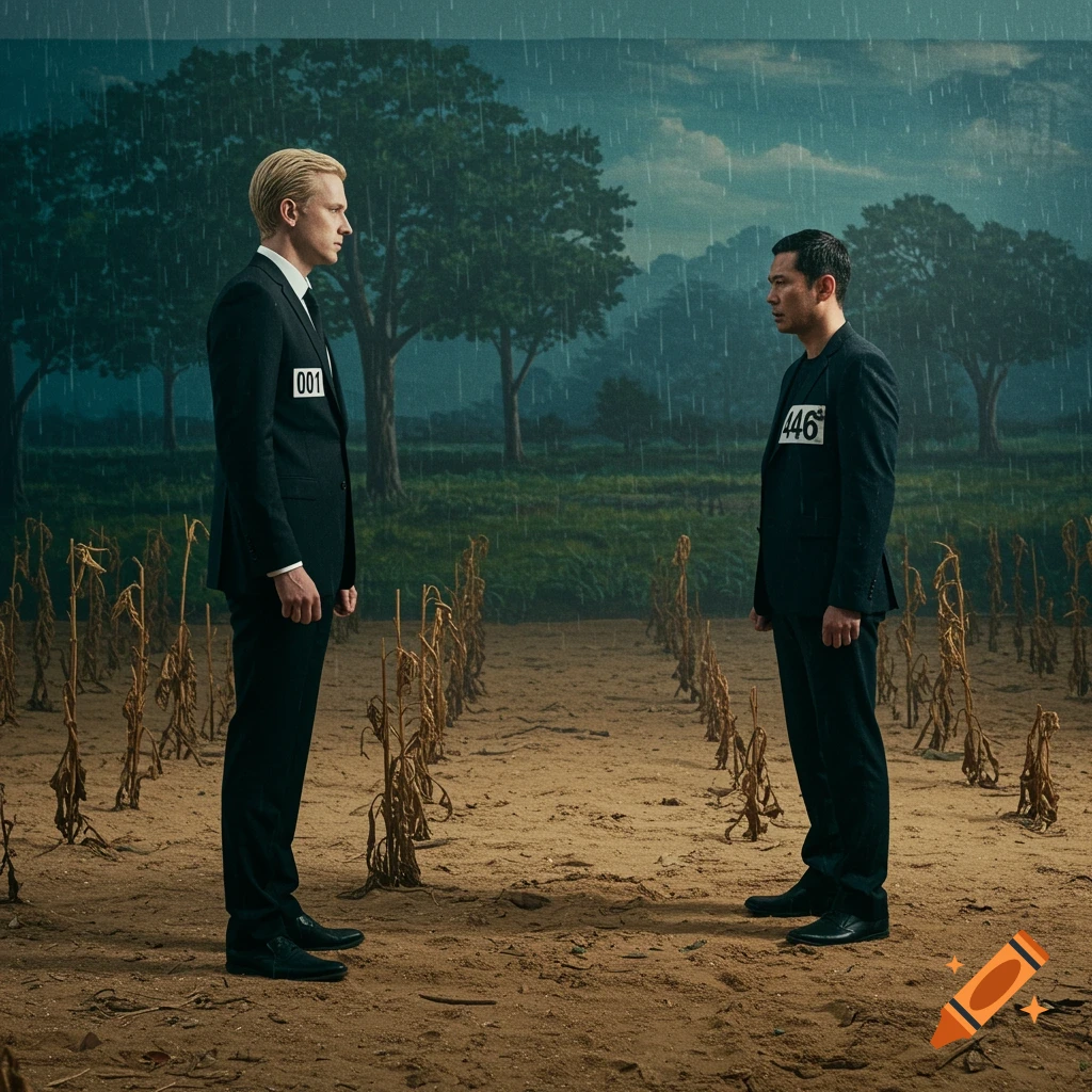 Two men in black suits with numbers 001 and 446 face each other in a barren landscape with a painted forest backdrop, under falling rain.