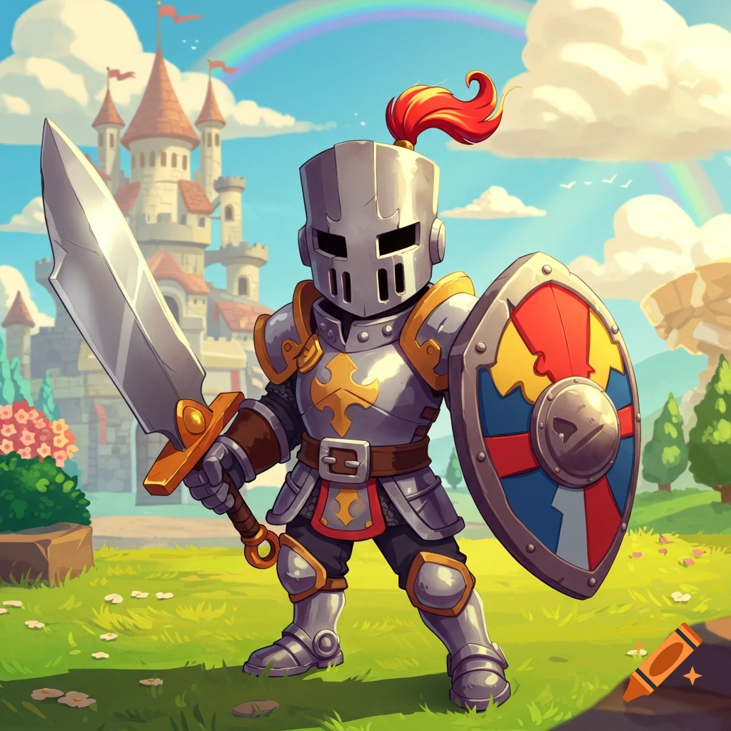 A cartoon knight in silver armor holds a sword and shield in a grassy field with a castle and rainbow in the background.
