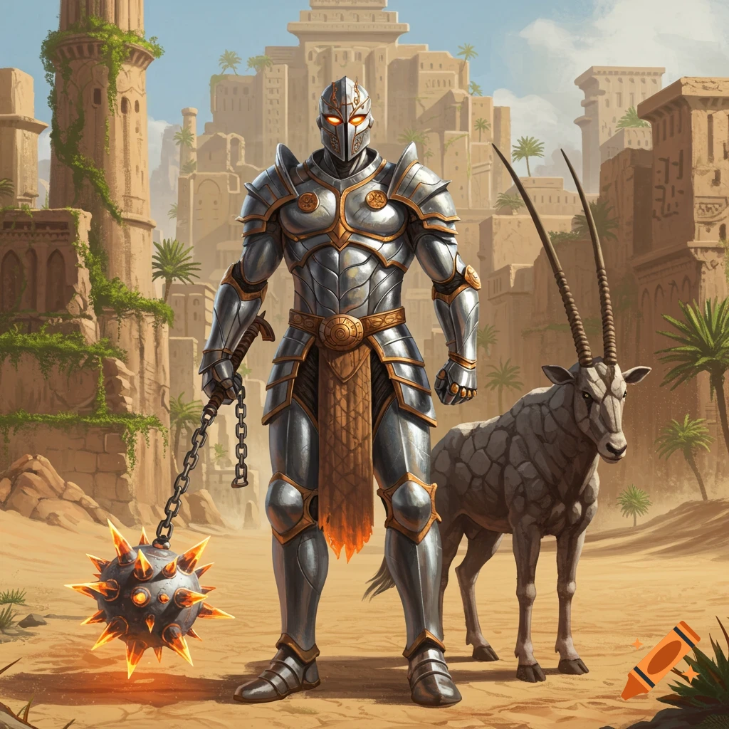 A knight in chrome silver and gold armor with glowing orange eyes stands in a desert city with a stone-skinned oryx and glowing flail.
