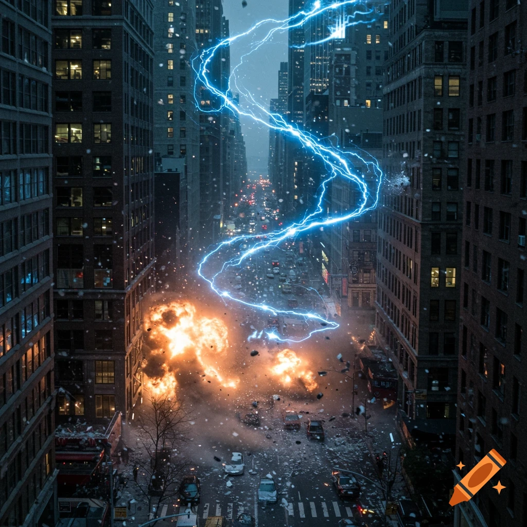 A photorealistic cinematic night scene of a New York City street with blue lightning striking and large explosions amidst the buildings.