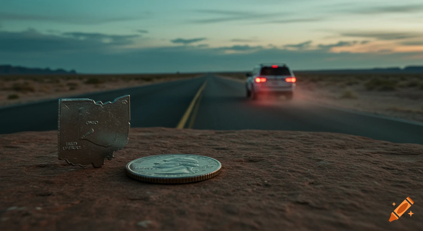 A close-up of a US quarter and an Ohio-shaped metal cutout on the ground, with a car driving on a desert road at dusk in the background, cinematic style.