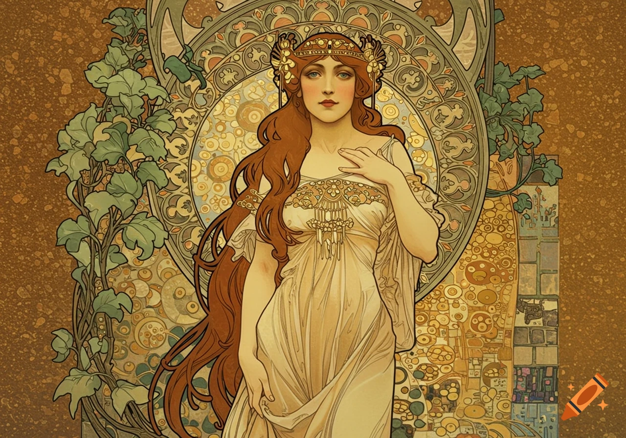 A portrait of a woman with long red hair, wearing a flowing white gown and a crown, in an Art Nouveau style with a golden patterned background.