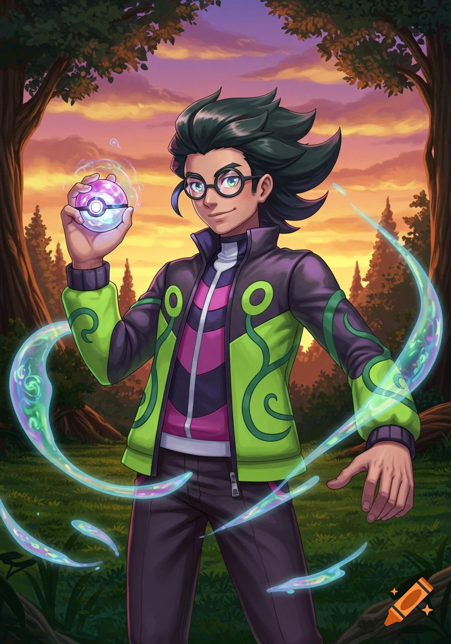 A male Pokemon trainer with dark hair and glasses holds a glowing Master Ball, wearing a vibrant green and purple outfit in a forest at sunset.