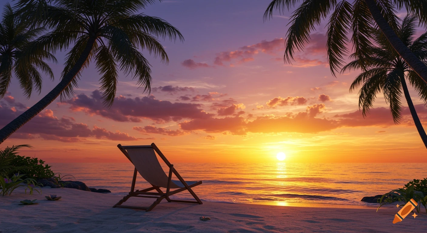 Photorealistic sunset over a tropical beach with a lounge chair and palm trees silhouetted against the vibrant sky.