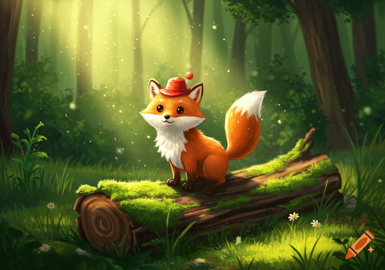 A cute cartoon fox wearing a red hat sits on a mossy log in a sunlit forest.