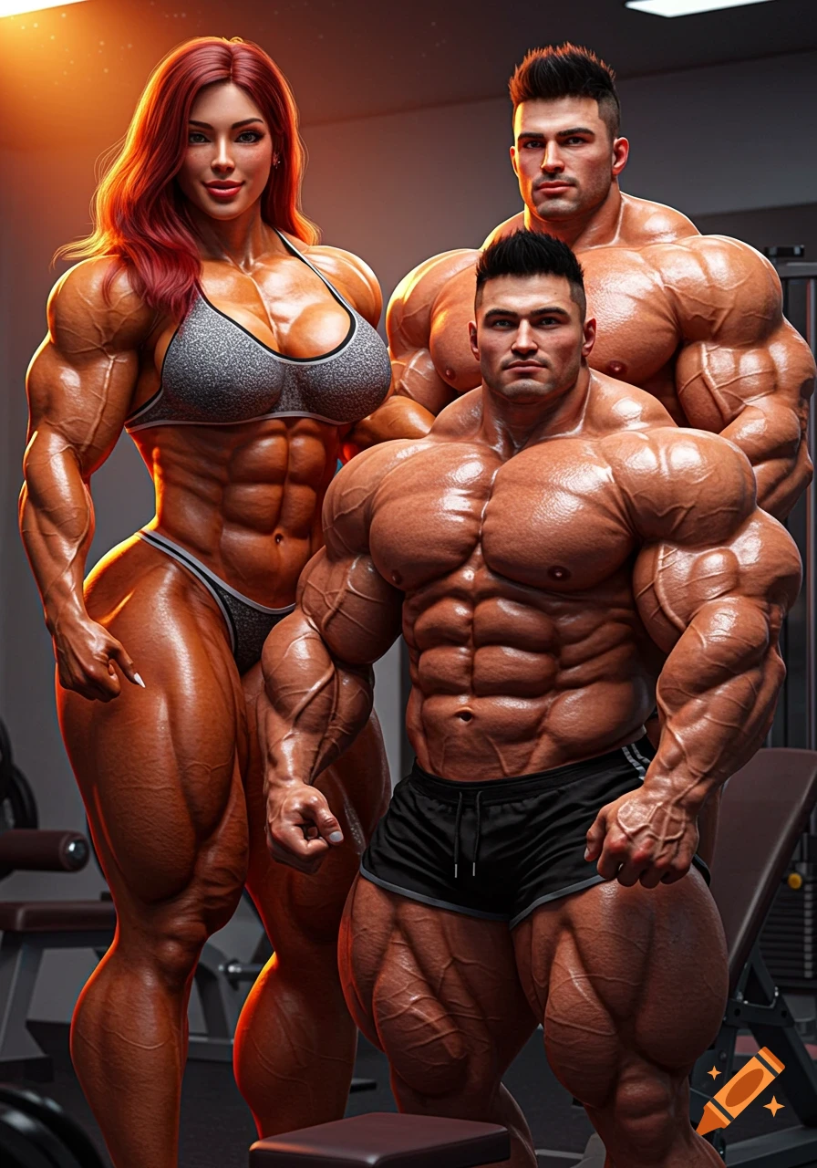 A photorealistic image of a massively muscular female bodybuilder with red hair and two male bodybuilders, all with exaggerated physiques, standing in a gym.