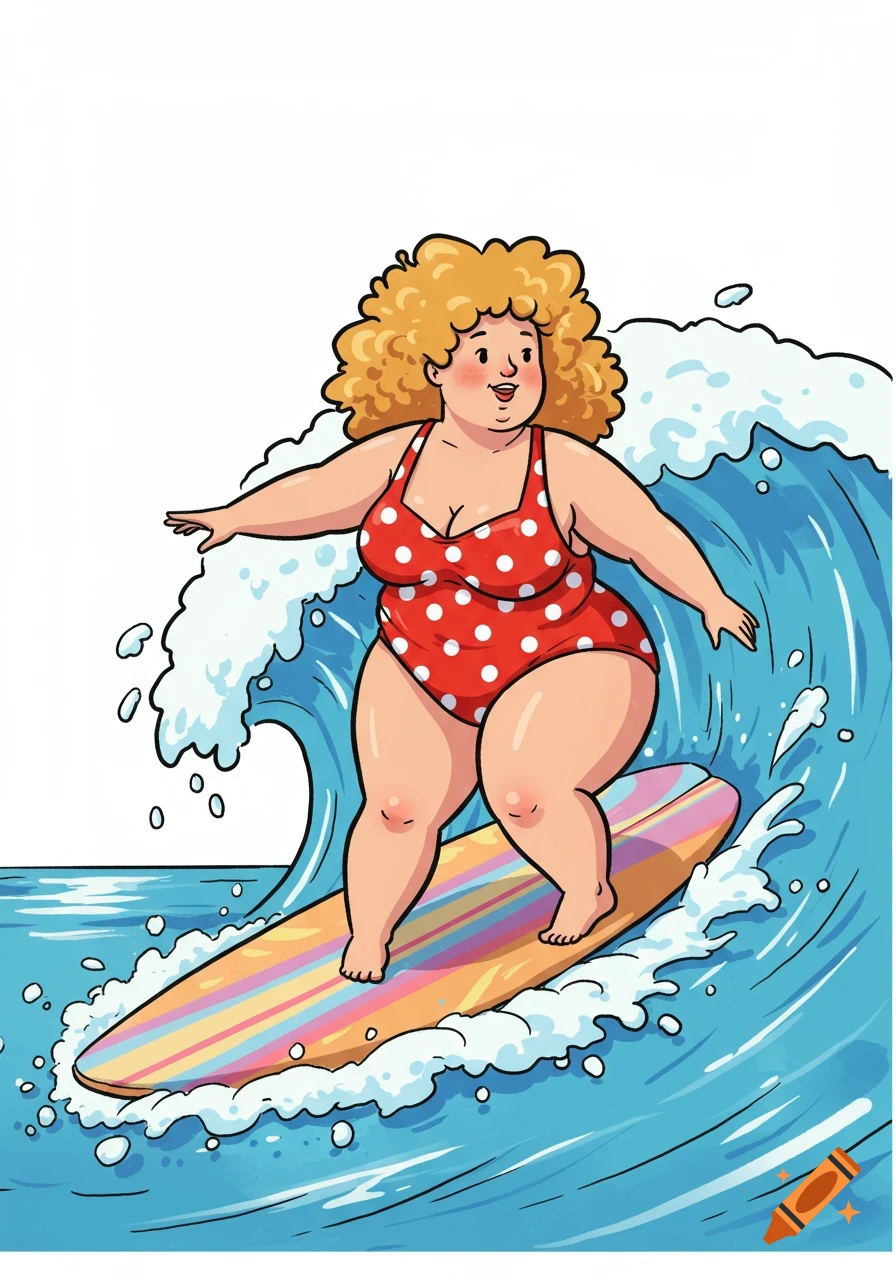 Cartoon illustration of a chubby woman with curly golden hair in a red polka dot swimsuit, joyfully surfing a colorful retro surfboard on a wave.
